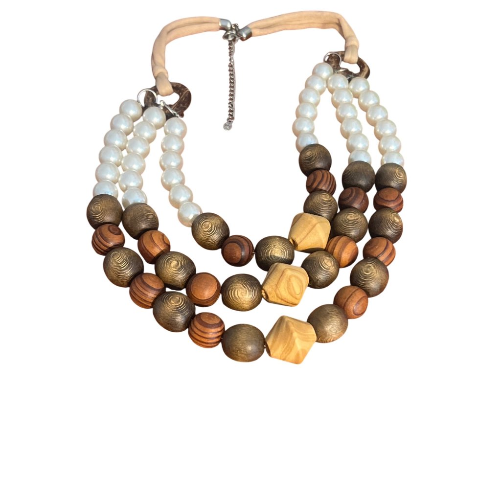 Vintage Diane Von Furstenberg Necklace Wood Faux Pearls Fabric Chunky Estate 27